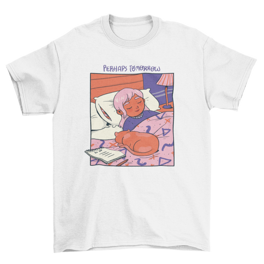 Girl and cat sleeping cozy comic t-shirt design