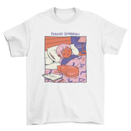 Girl and cat sleeping cozy comic t-shirt design