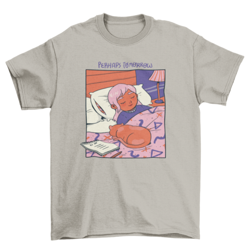 Girl and cat sleeping cozy comic t-shirt design