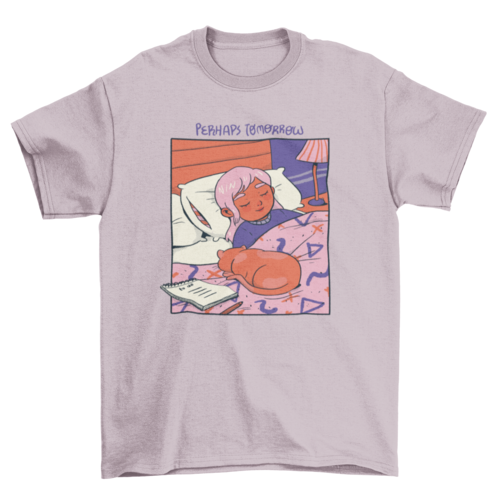 Girl and cat sleeping cozy comic t-shirt design