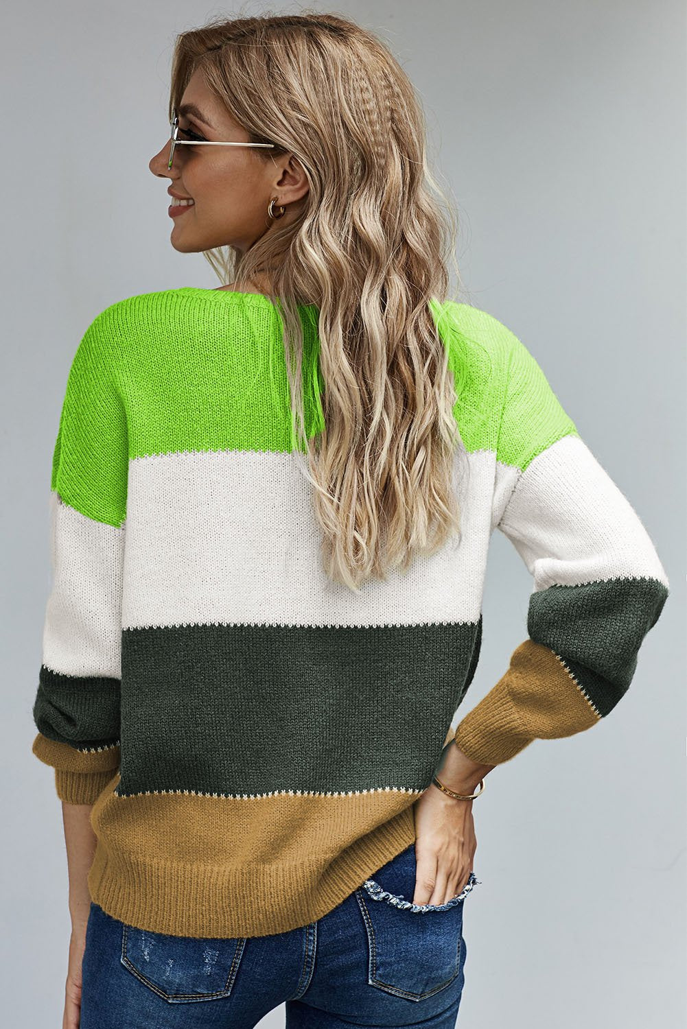 Green Pullover Colorblock Sweater