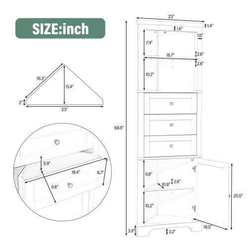 Green Triangular Tall Cabinet With 3 Drawers And Adjustable Shelves