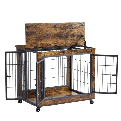 Furniture Style Dog Crate Side Table On Wheels With Double Doors And