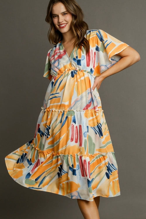 Umgee Full Size Abstract Print Flutter Sleeve Frill Tiered Midi Dress