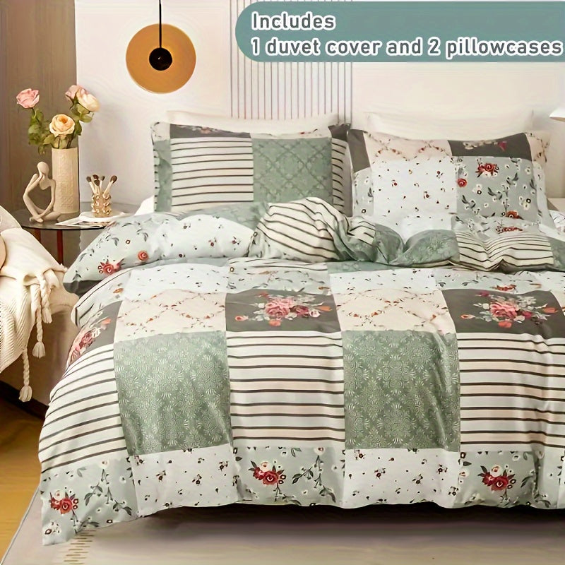 Cozy Pastoral Floral Plaid Duvet Cover Set