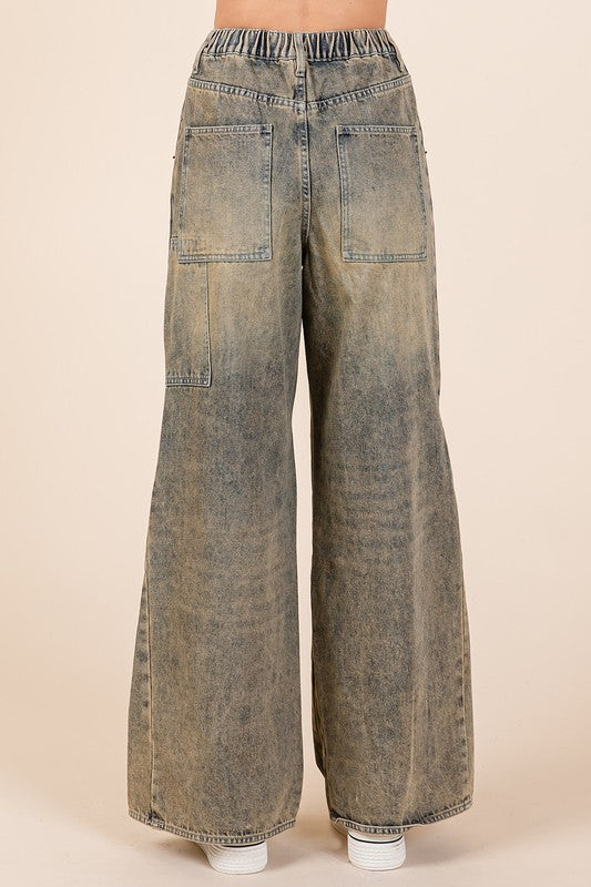 Mittoshop Washed Wide Leg Jeans with Pockets