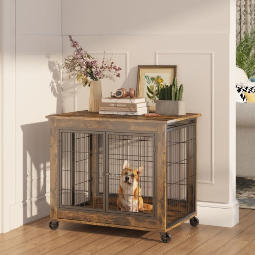 Furniture Style Dog Crate Side Table On Wheels With Double Doors And