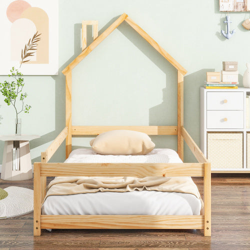 Twin Size Wood Bed With House-shaped Headboard Floor Bed With