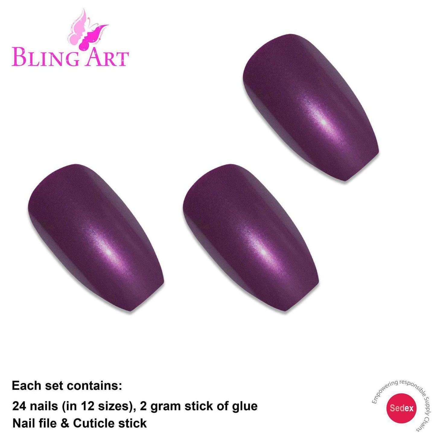 False Nails by Bling Art Purple Glitter Ballerina Coffin Fake Long