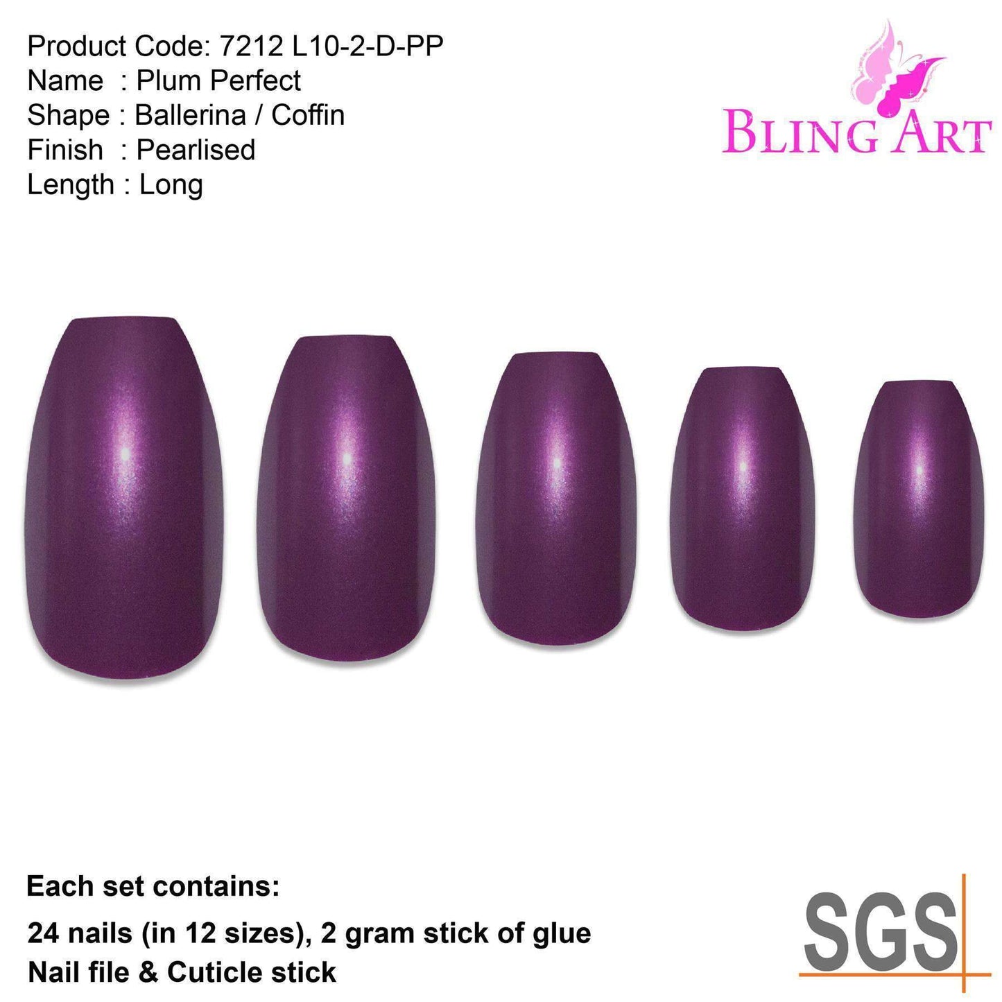 False Nails by Bling Art Purple Glitter Ballerina Coffin Fake Long