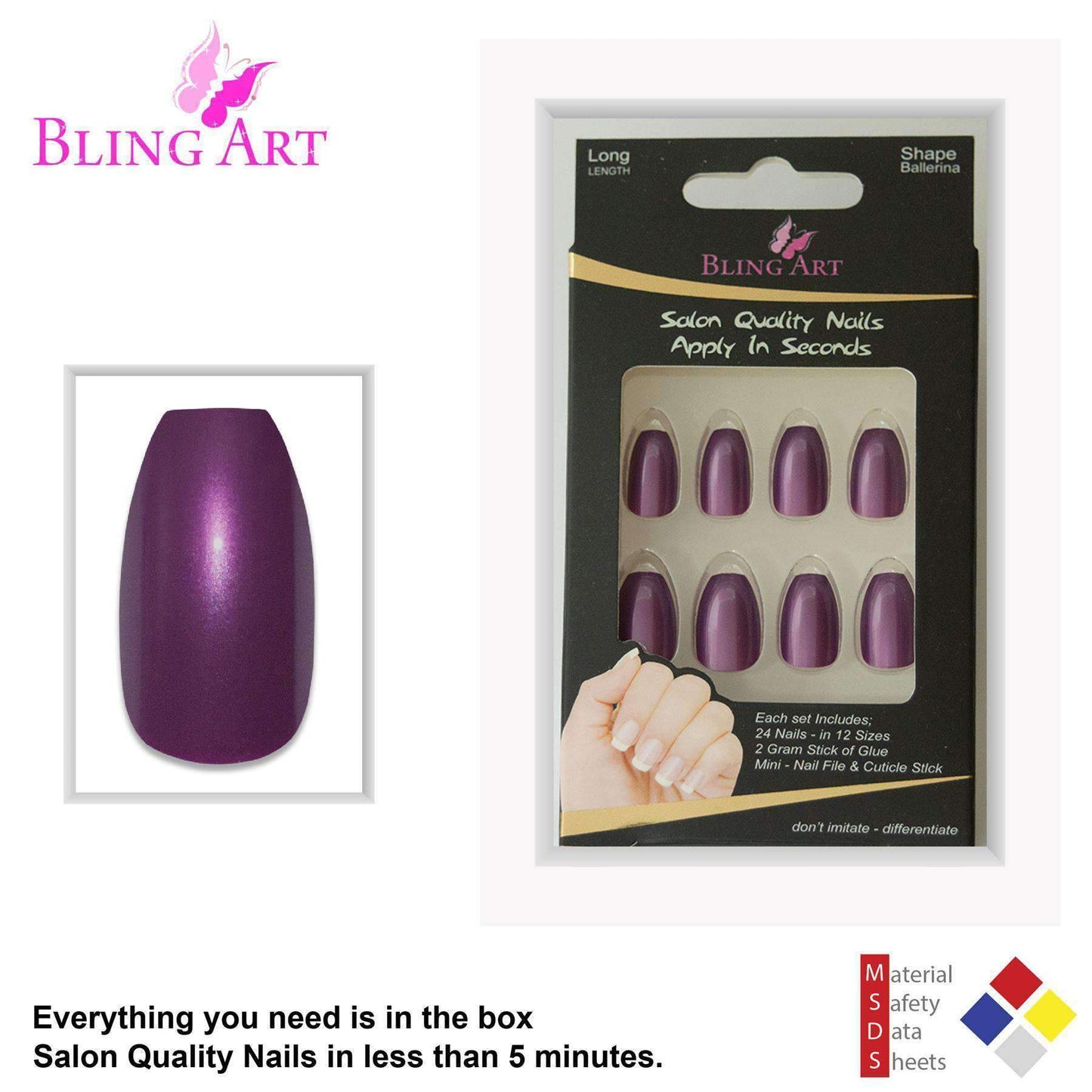 False Nails by Bling Art Purple Glitter Ballerina Coffin Fake Long