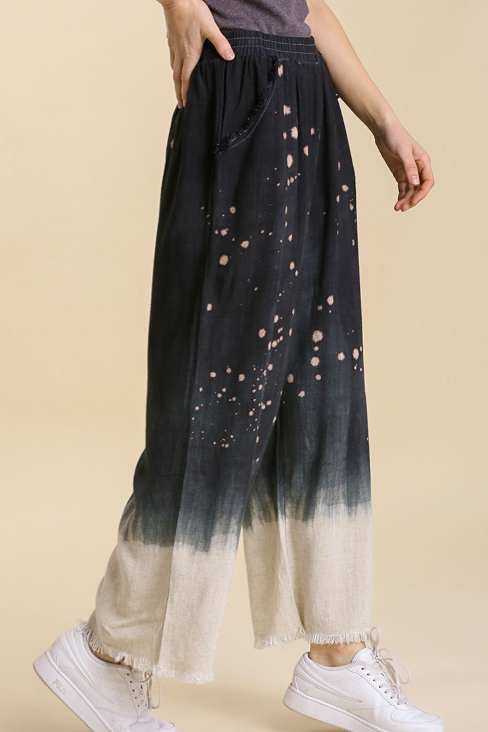 Umgee Full Size Raw Hem Linen Blend Bleach Dip Dye Wide Leg Pants Plus