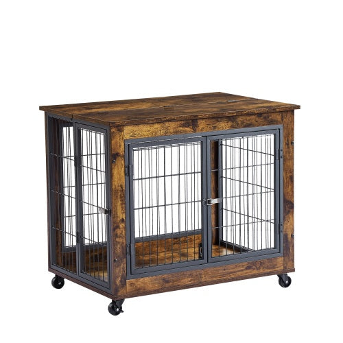 Furniture Style Dog Crate Side Table On Wheels With Double Doors And