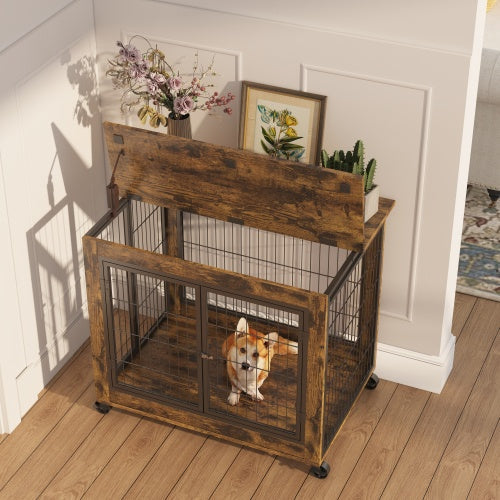 Furniture Style Dog Crate Side Table On Wheels With Double Doors And