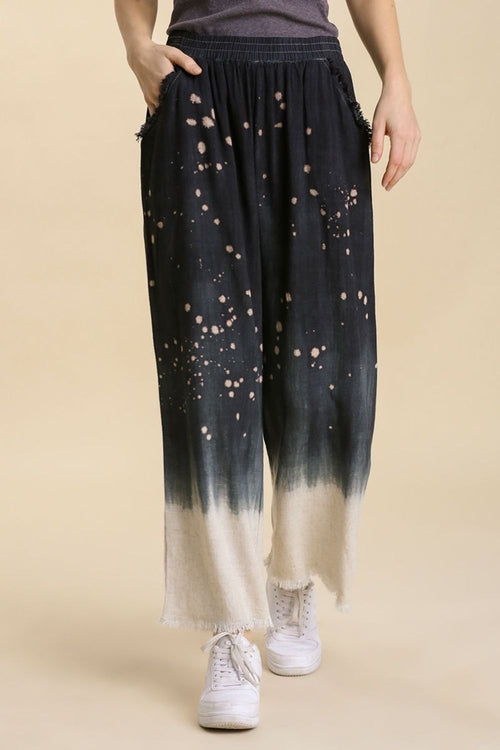 Umgee Full Size Raw Hem Linen Blend Bleach Dip Dye Wide Leg Pants Plus