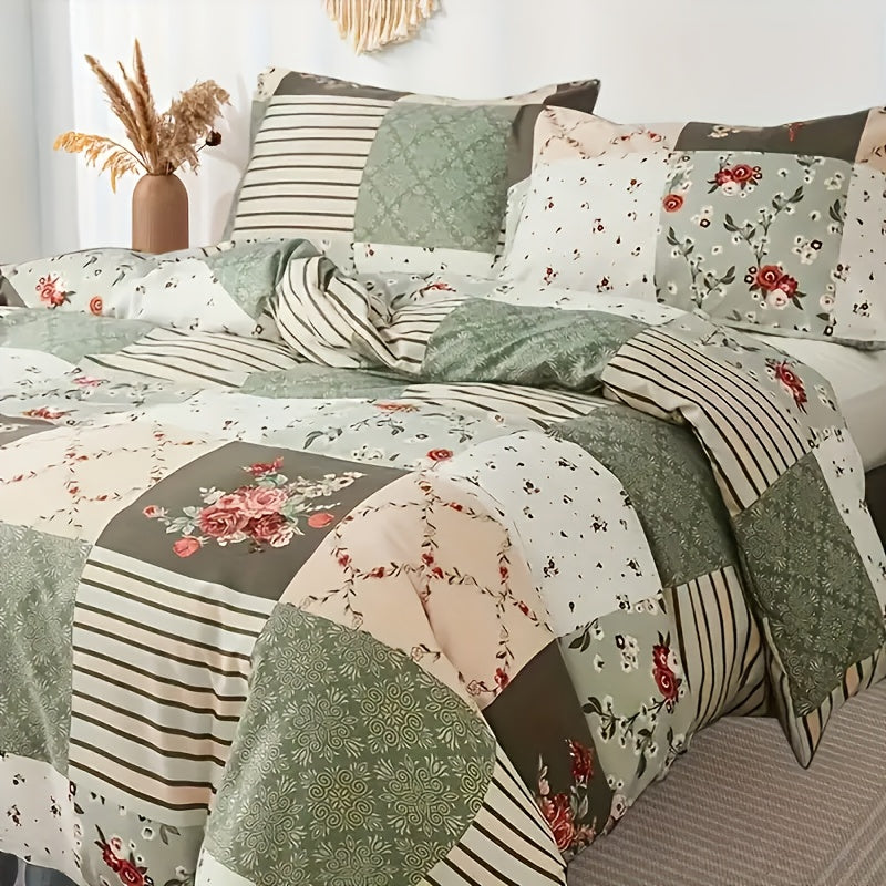 Cozy Pastoral Floral Plaid Duvet Cover Set