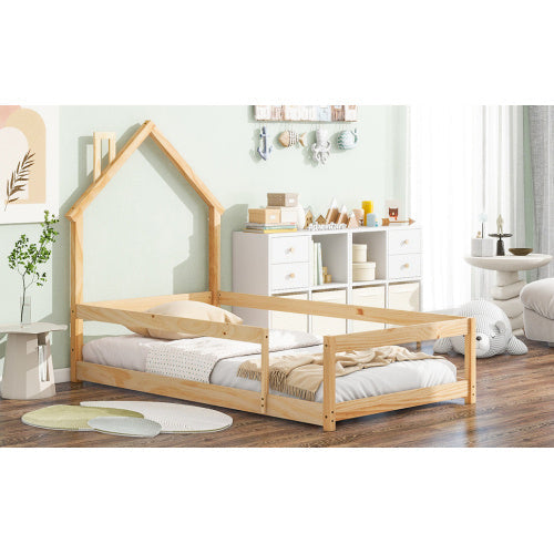 Twin Size Wood Bed With House-shaped Headboard Floor Bed With