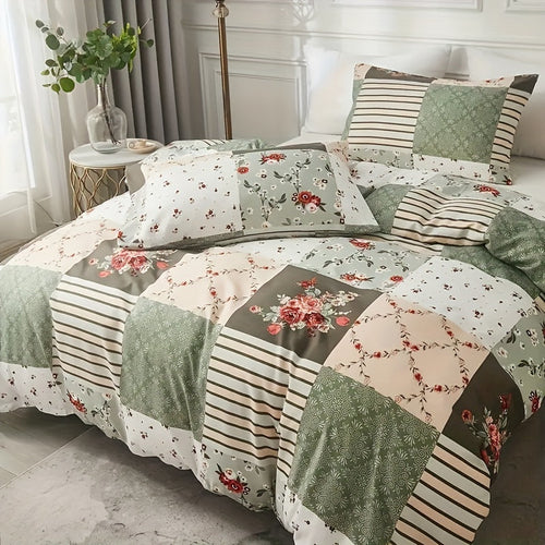 Cozy Pastoral Floral Plaid Duvet Cover Set