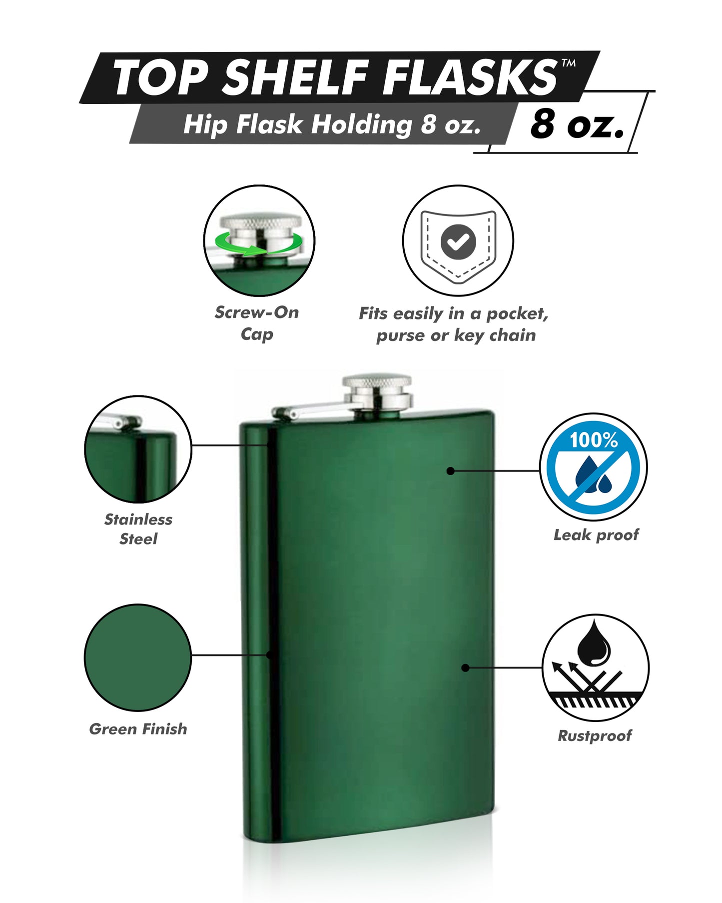 Green 8oz Hip Flask