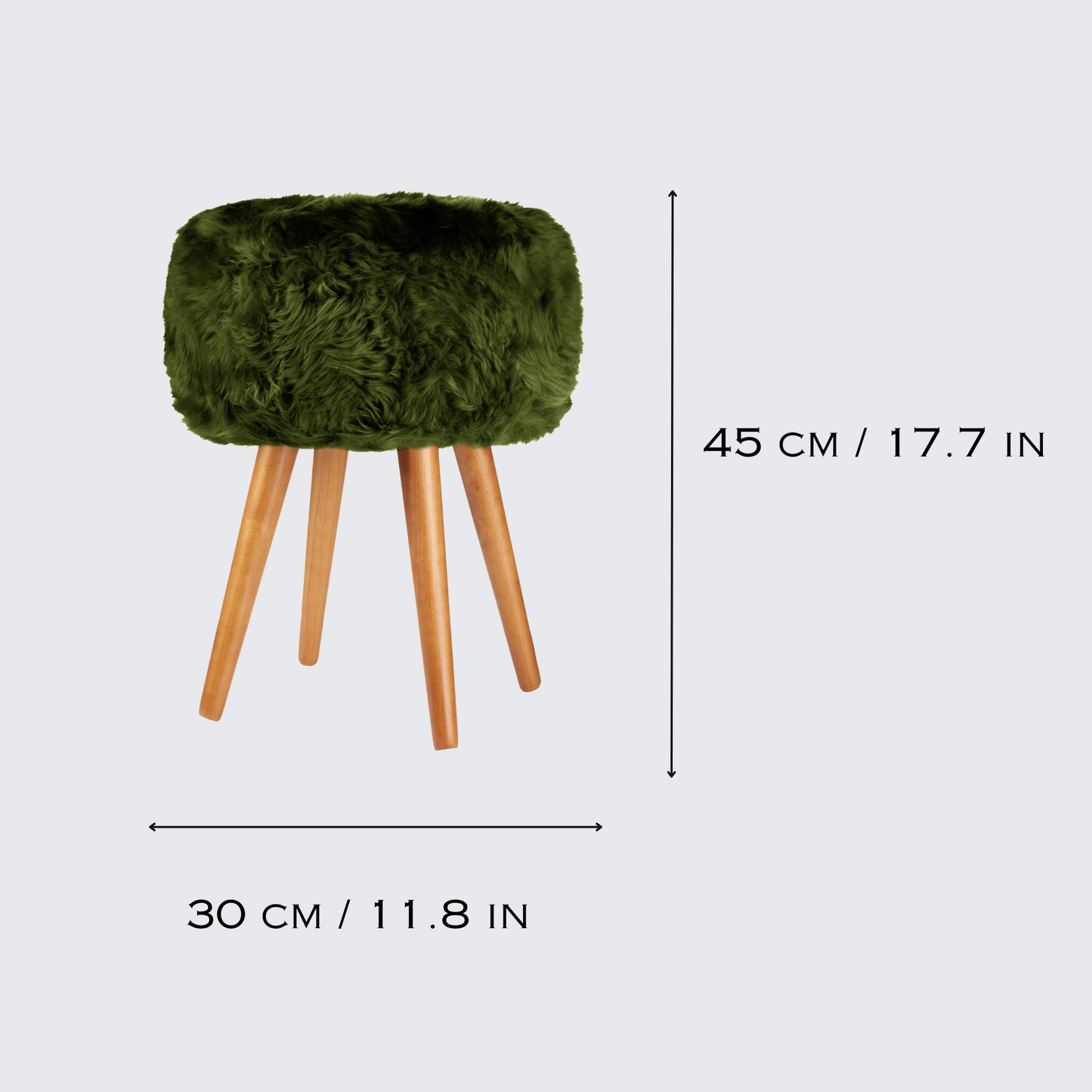 Dark green genuine sheepskin stool with oak legs