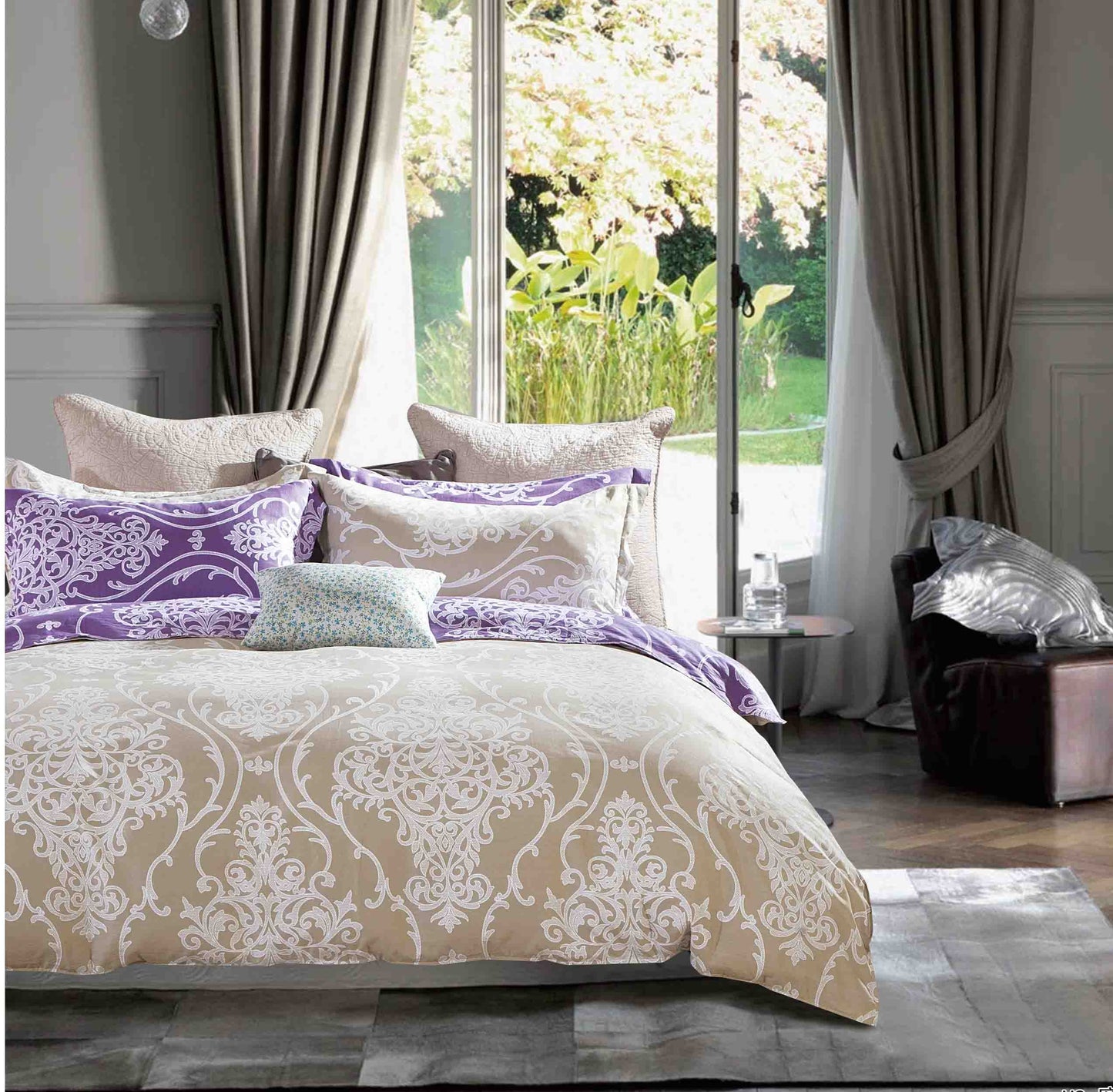 Herman Brown/Purple Damask 100% Cotton Reversible Comforter Set