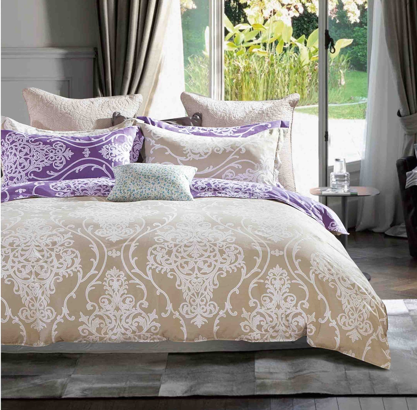 Herman Brown/Purple Damask 100% Cotton Reversible Comforter Set