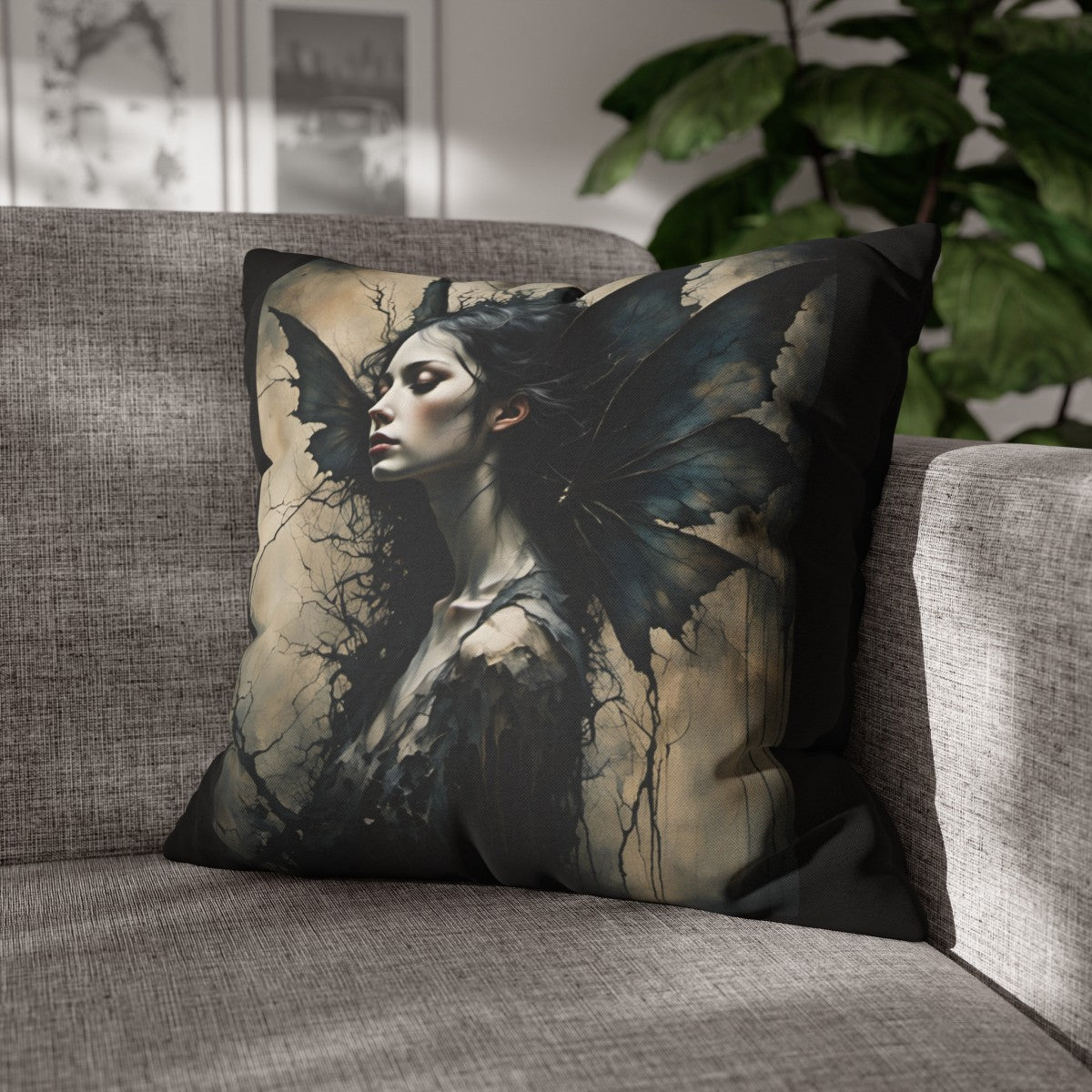 Gothic Allure - Noir Enchantment Dark Fairy Throw Pillow Cover