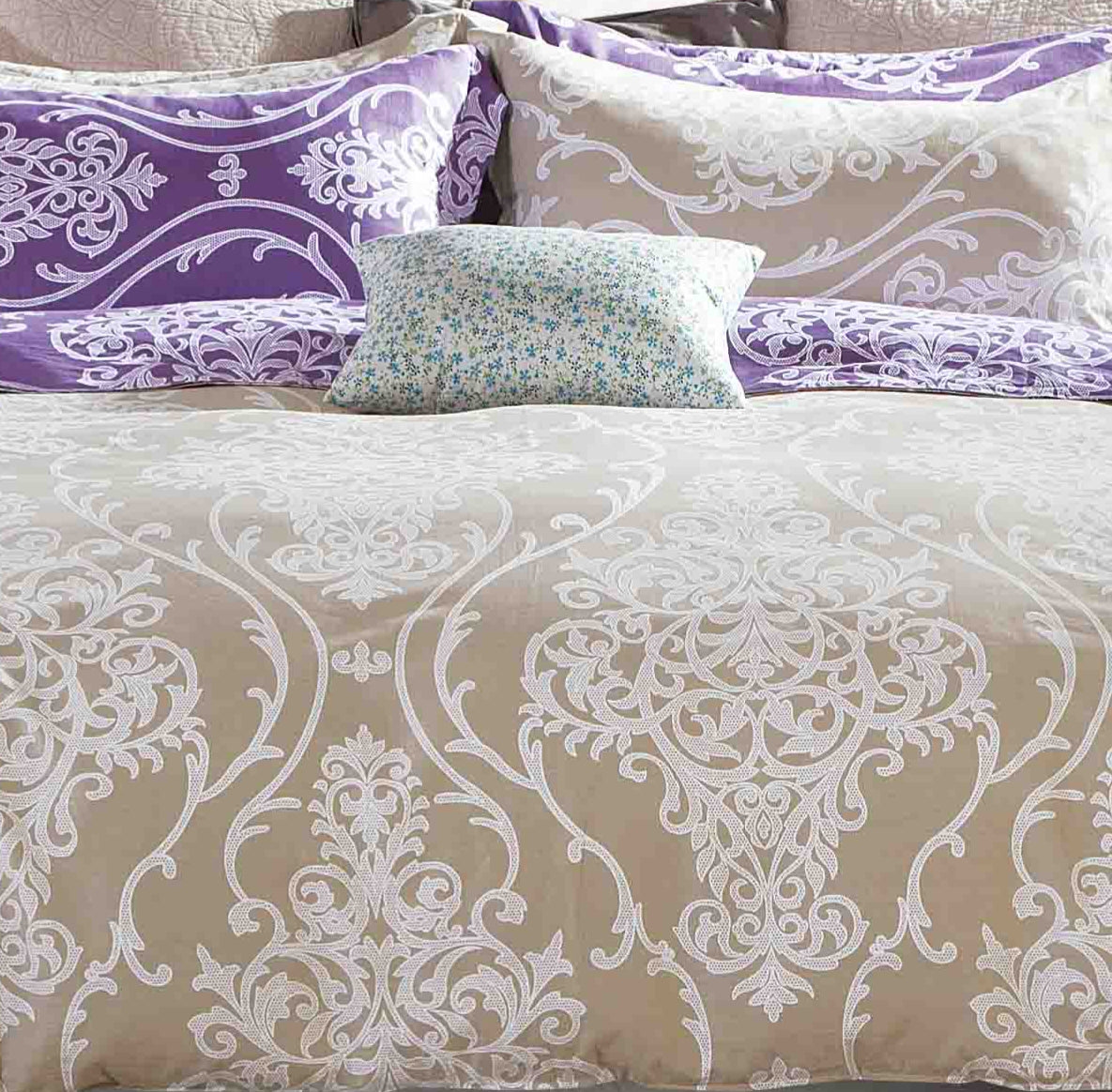 Herman Brown/Purple Damask 100% Cotton Reversible Comforter Set