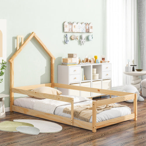 Twin Size Wood Bed With House-shaped Headboard Floor Bed With