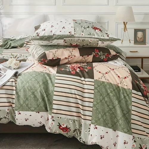 Cozy Pastoral Floral Plaid Duvet Cover Set