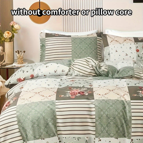 Cozy Pastoral Floral Plaid Duvet Cover Set