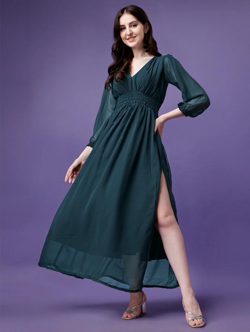 Women Fit and Flare Green Dress (Size L)