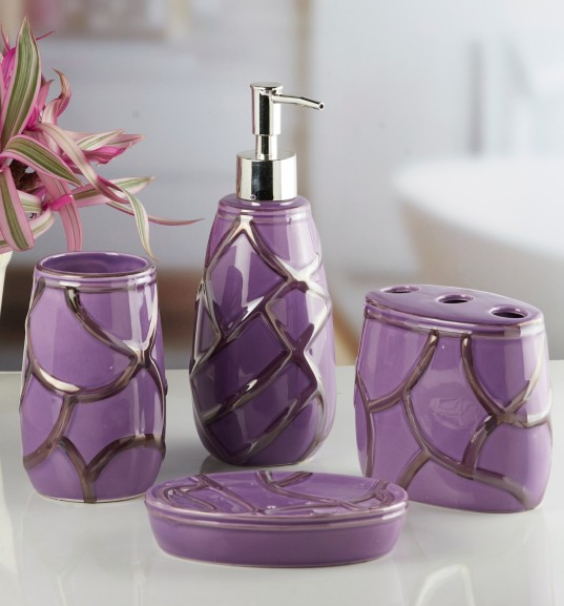 Purple 4 Pieces Textured Ceramic Bath Accessories Set