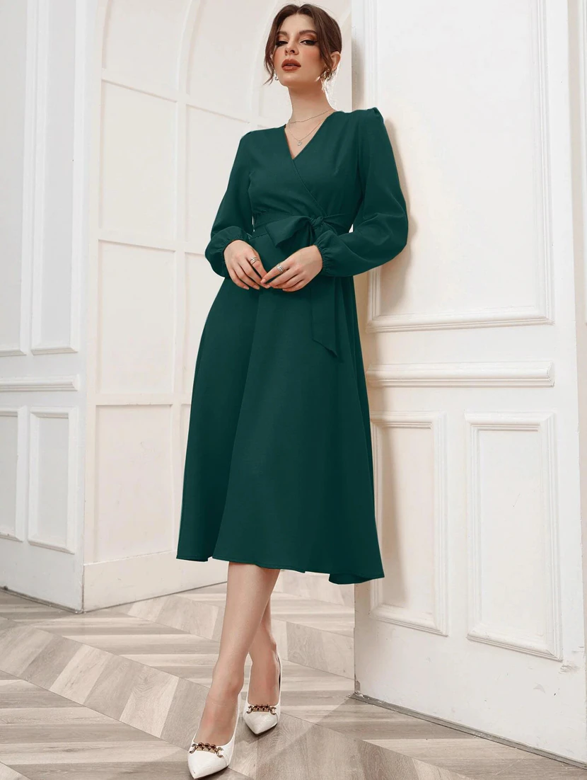 Women Green Solids Wrap Dress (Size-L) (Color-GREEN)