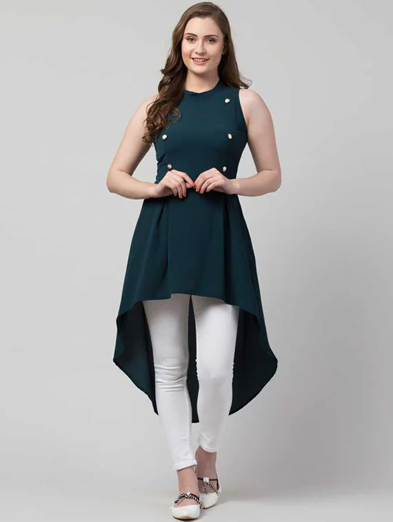 Women Green Solid High Low Dress (Size-L) (Color-DARK GREEN)