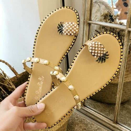 2021 Summer Beach Pineapple Flat Slippers Outside Slides Ladies Shoes